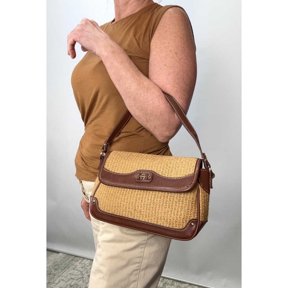 Etienne Aigner Brown Leather and Woven Straw Shoulder Bag Vintage Style Handbag